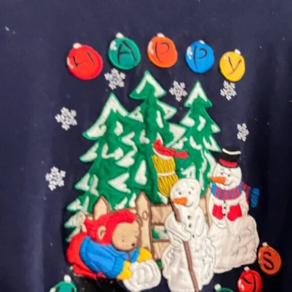 Ugly Christmas Vintage Nutcracker Navy Blue Snowman Christmas Tree Sweater - Picture 5 of 6